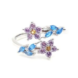 Adjustable Silver Tone Leaf Flower Ring Purple Blue Zircon Romantic Fashion Gift
